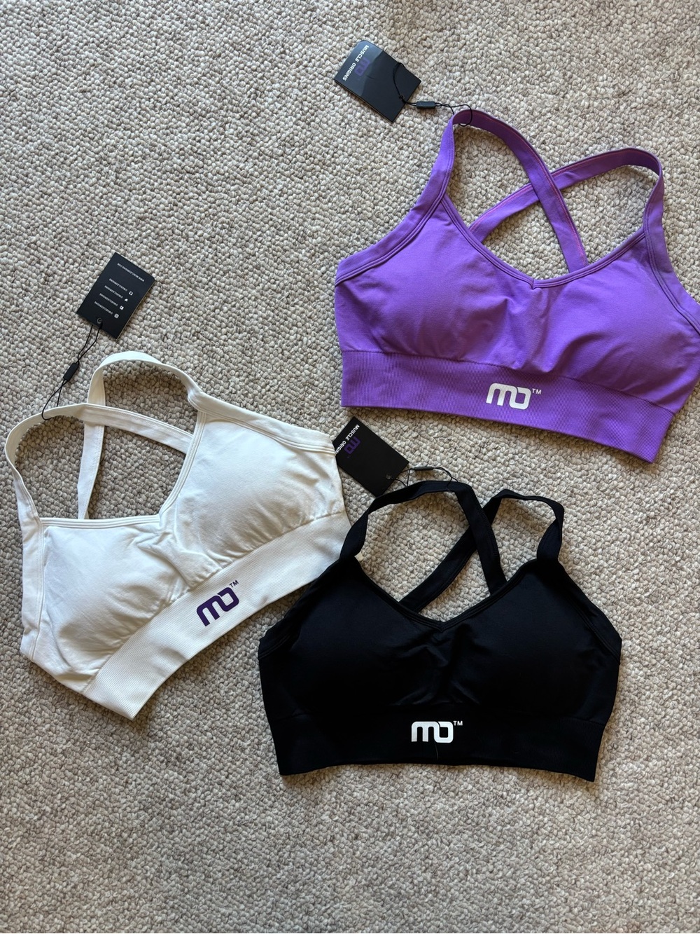 Muscle Origins Seamless Crossback Sports Bra Bundle (3) Purple, White, Black